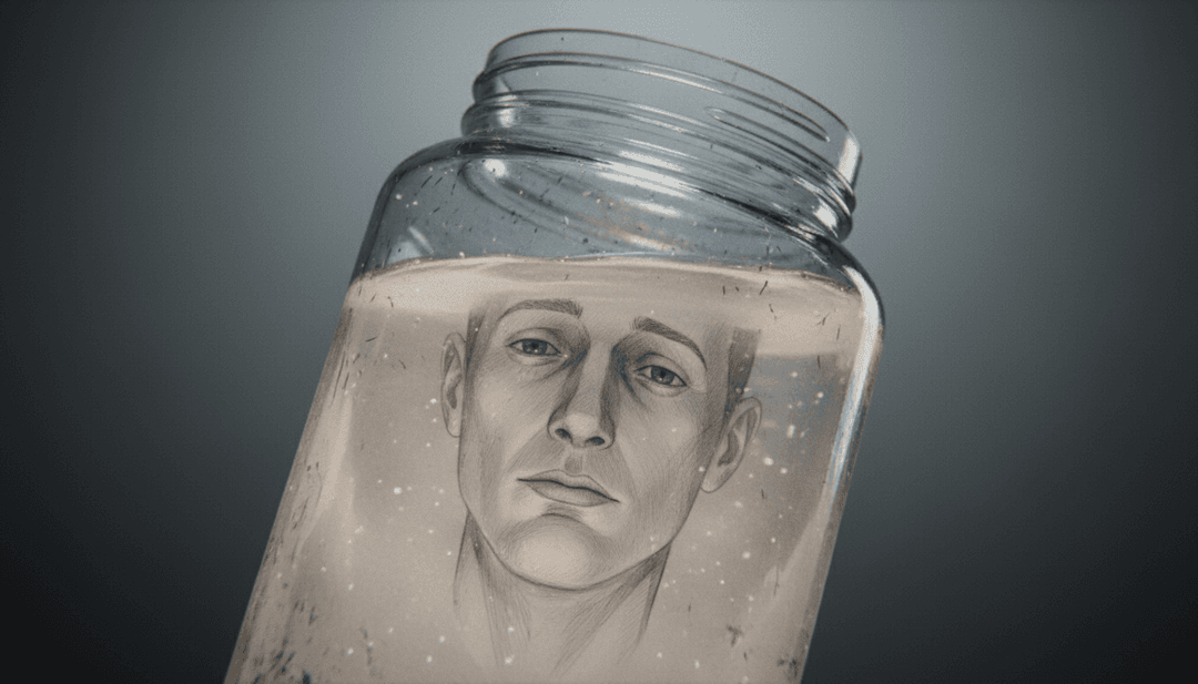 Khamari 歌曲「Head in a Jar」音樂影片的 AI 生成概念,展示了超現實、內省的民謠風格意象,如同罐中 enclose 著發光的思緒。