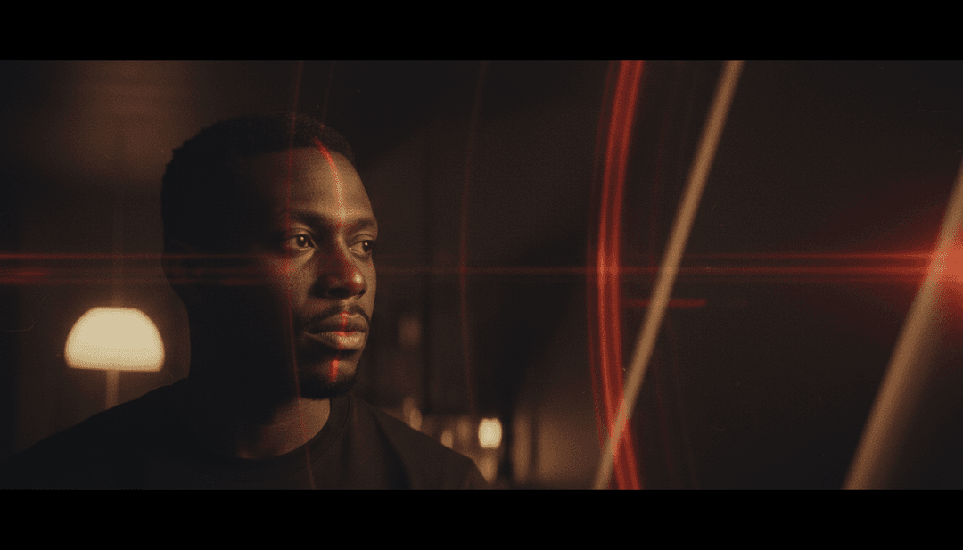 Representação visual abstrata de ondas sonoras se transformando em chuva digital, simbolizando a fusão do ritmo hip-hop de Dave e dos vocais R&B de Tems, gerada por freebeat.ai