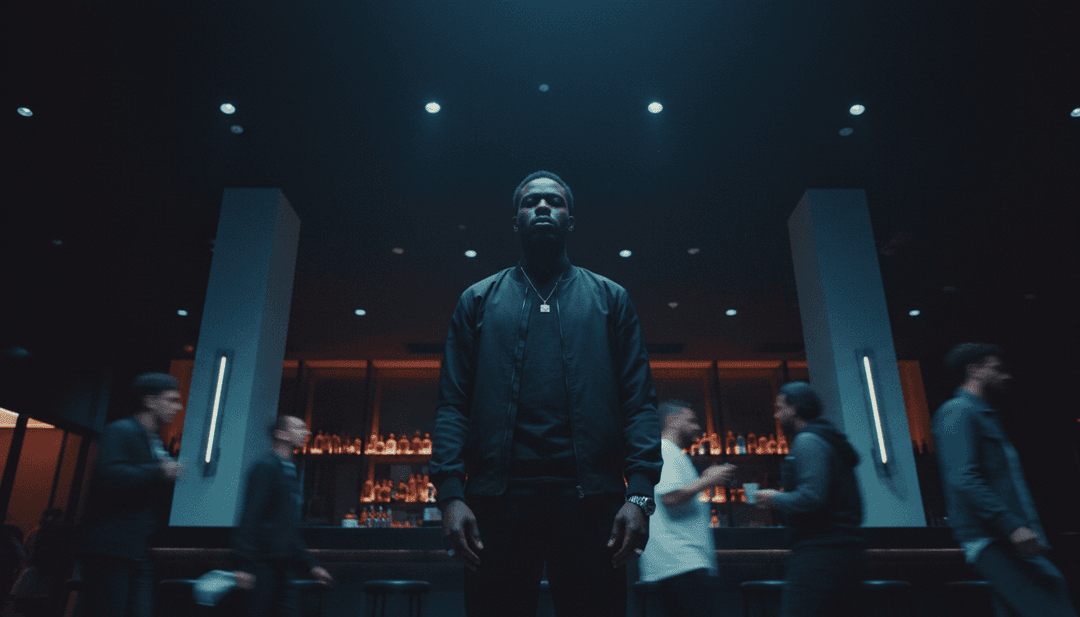 Sequência visual dinâmica mostrando uma representação digital dos versos de rap de Dave se fundindo com efeitos de água corrente, enquanto as harmonias vocais de Tems inspiram padrões de luz etéreos, criados por freebeat.ai