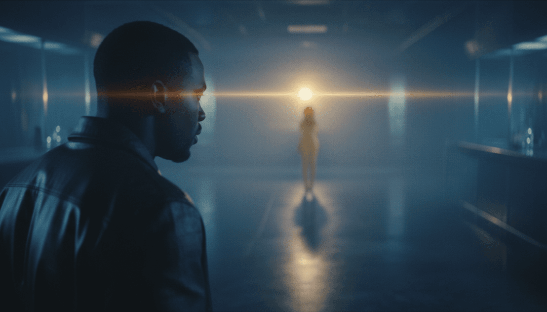 Uma cena final deslumbrante de um vídeo musical gerado por IA para 'Raindance (feat. Tems)', exibindo uma mistura de estética urbana e efeitos de chuva mística, com o logotipo freebeat.ai sutilmente integrado