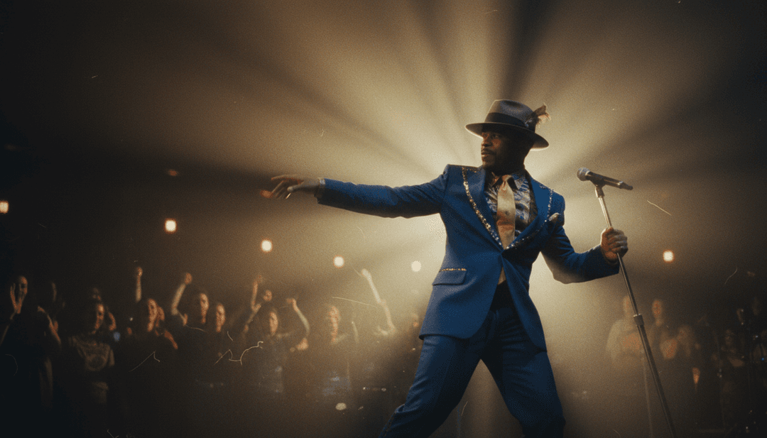 Représentation visuelle abstraite d'ondes sonores se transformant en art numérique, soulignant les éléments funk, soul et blues rock, centrée autour d'un noyau d'IA lumineux.