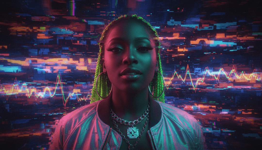 Rachel Chinouriri의 '23:42'의 음파와 가사 테마를 시각적 번역을 위해 AI가 분석하는 모습.