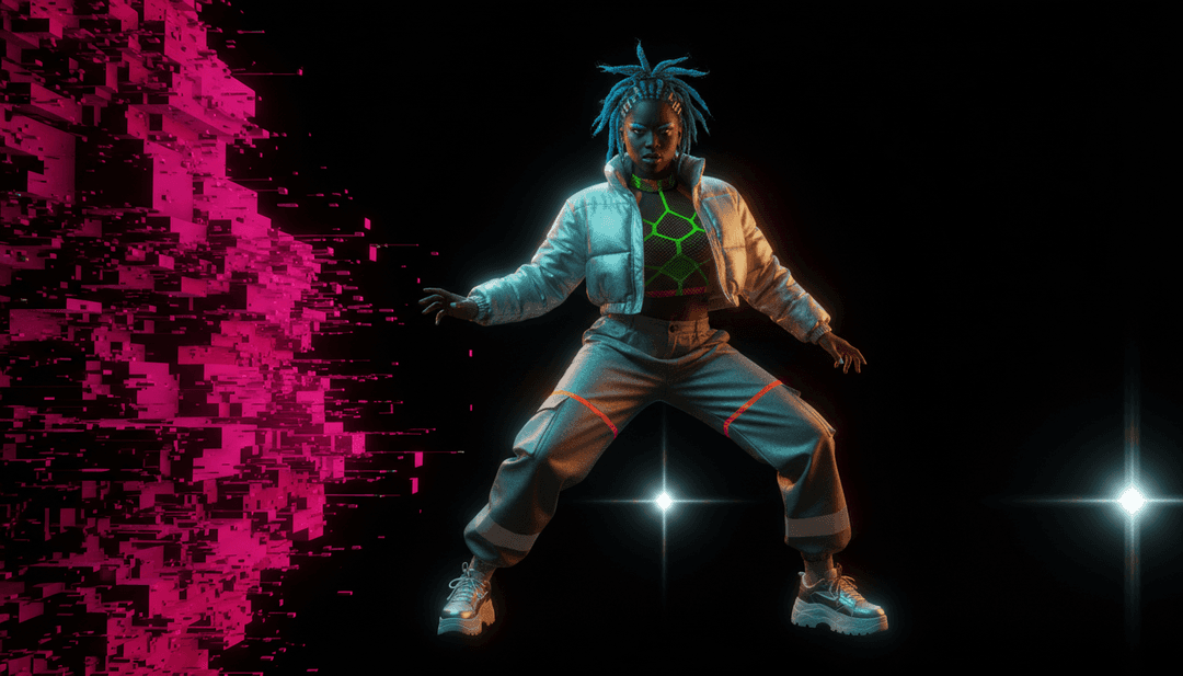 '23:42' 음악에서 영감을 받아 동적이고 다채로운 장면으로 변환되는 음향 주파수의 추상적인 시각적 표현.