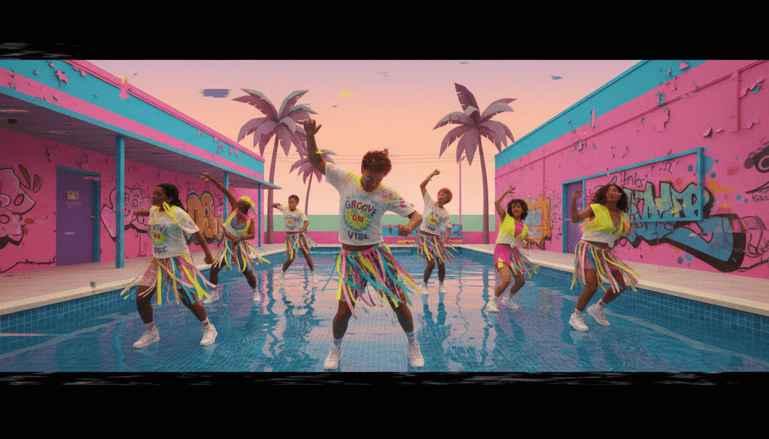 Abstrakte visuelle Darstellung von Schallwellen, die sich in animierte Elemente wie treibende Wolken, Zeitlupen-Stadtszenen und eine Person, die an einem Fenster entspannt, verwandeln.