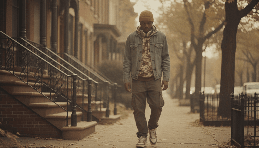 Rappresentazione visiva astratta di un'IA che analizza gli strati complessi della musica hip-hop e soul, in particolare 'No More Old Men' di Chance the Rapper e Jamila Woods, raffigurata come onde sonore e luce intrecciate.