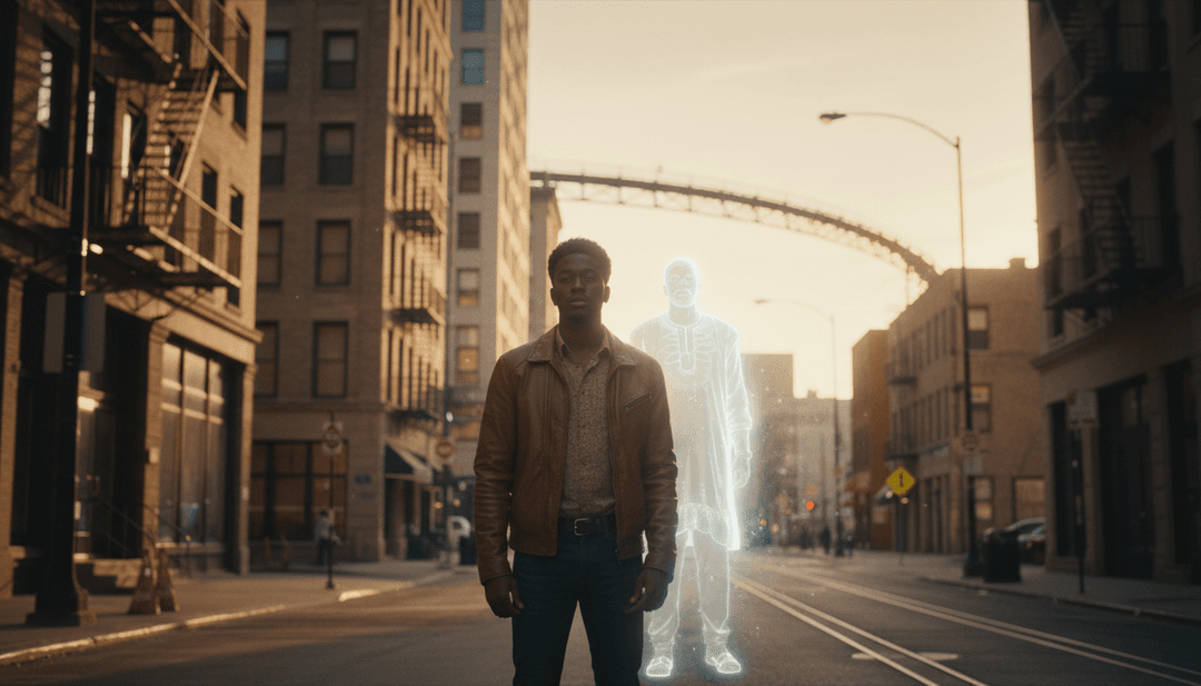 Un gruppo eterogeneo di artisti e creatori che interagiscono entusiasticamente con l'interfaccia di freebeat.ai, con un video musicale finito e di alta qualità per 'No More Old Men' riprodotto su uno schermo futuristico sullo sfondo.