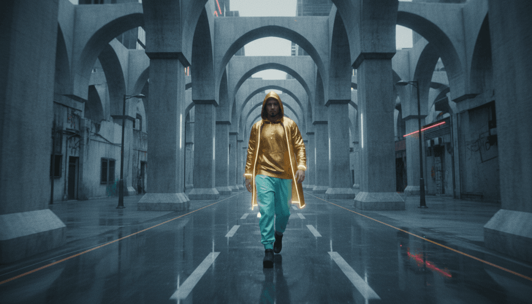 Animierte digitale Kunst, die die R&B- und Latin-Trap-Elemente von 'Vetements' widerspiegelt und zeigt, wie sich die Musik in stilvolle urbane Szenen und fließende Übergänge übersetzt.