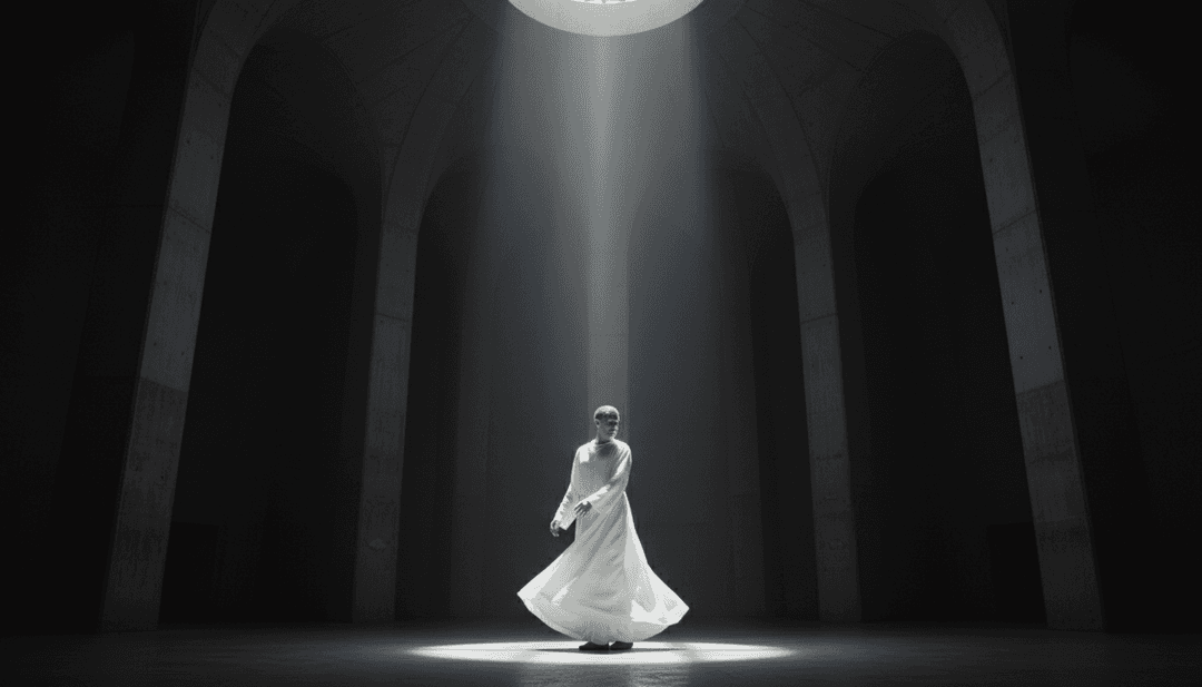 एक चमकते वास्तुशिल्प स्थान में जीवंत, भविष्यवादी नर्तक, एआई द्वारा बनाए गए JADE's 'Church' संगीत वीडियो की ताल के साथ सिंक्रनाइज़।