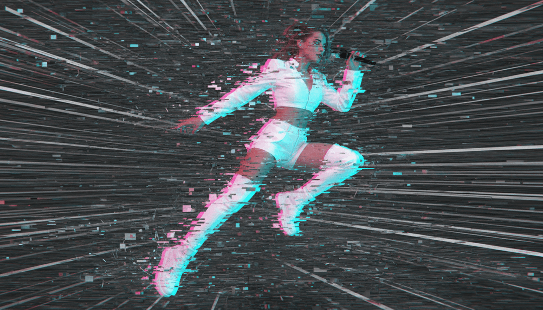 Uma sequência de cenas vibrantes e aceleradas geradas por IA, mostrando como os sintetizadores EDM e os vocais pop se traduzem em efeitos visuais para 'So What?'