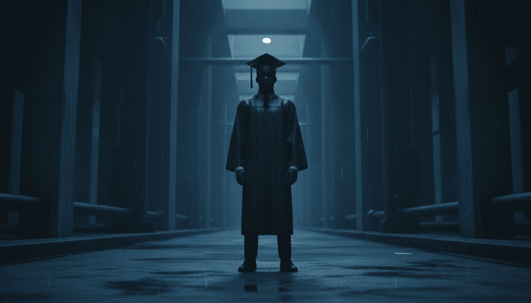 IA analisando formas de onda complexas e temas líricos para gerar um conceito de videoclipe para 'Gangsta Graduation'.