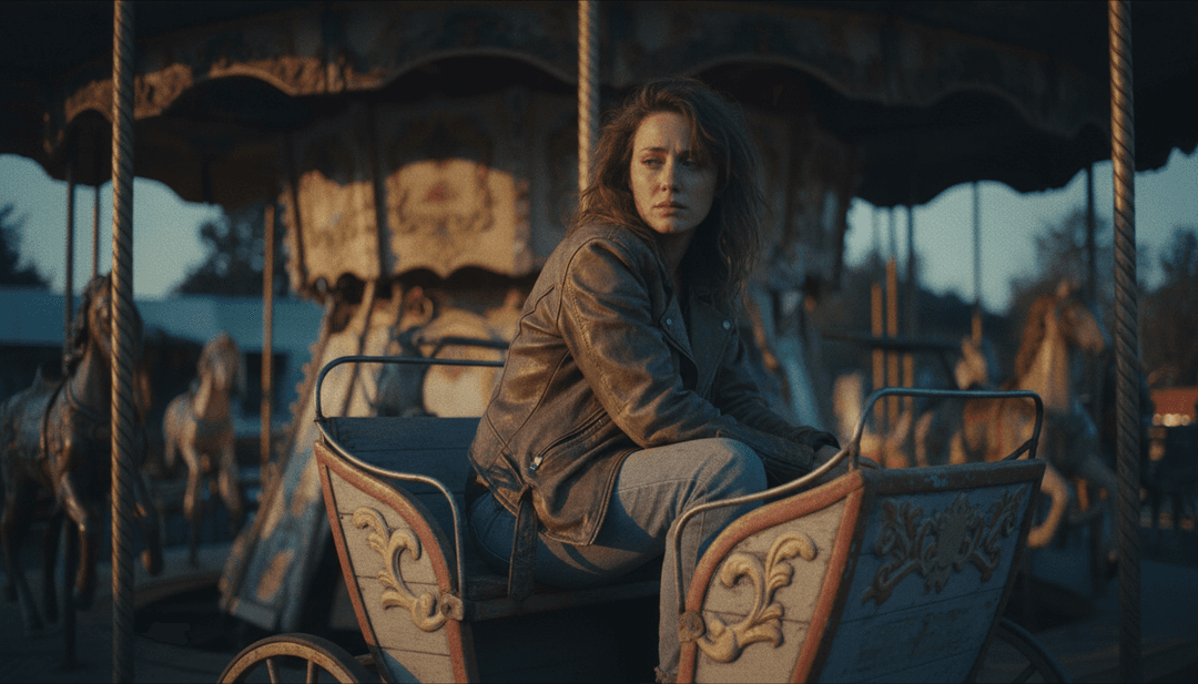 Carol Ades के 'Merry Go Round' के ऑडियो तत्वों को AI द्वारा नरम, स्वप्निल दृश्यों के एक प्रवाहमय अनुक्रम में बदलने का दृश्य प्रतिनिधित्व, गीतात्मक ओवरले और free captions के साथ।