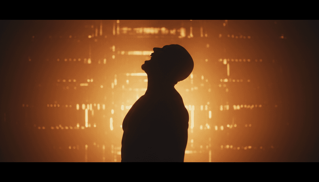 Arte digitale dinamica che raffigura figure eteree che si muovono attraverso ambienti astratti, sincronizzate con ritmi di musica elettronica e sovrapposizioni di testo.