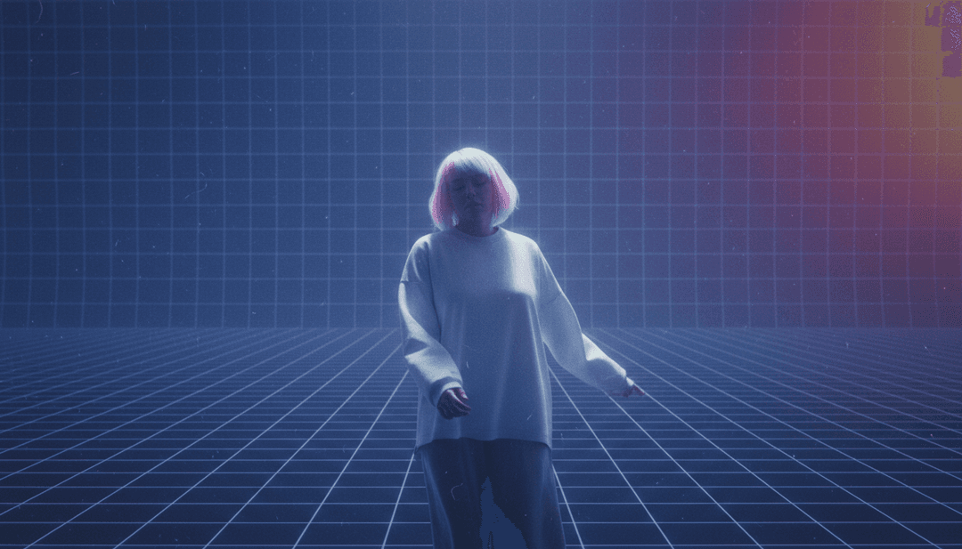 Visualizador abstrato representando IA analisando música house e electro house, 'holding on' de Loose Goose, A-Trak, Gus Dapperton, mostrando ondas sonoras se transformando em partículas de luz.