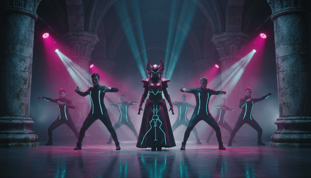 Immagini vibranti e sincronizzate di un interno di chiesa stilizzato, con luci laser e ballerini digitali che si muovono al ritmo di 'Church'.