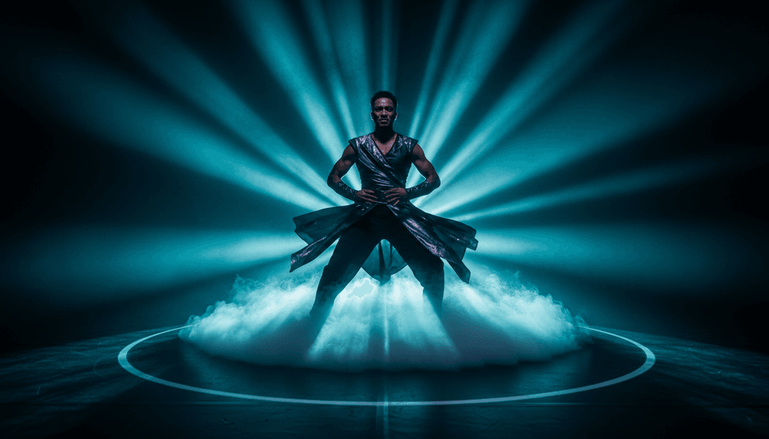 Ein leuchtendes, lebendiges Musikvideo, das auf einem futuristischen Bildschirm abgespielt wird, mit Benutzeroberflächenelementen, die eine einfache Erstellung suggerieren und das endgültige 'Gone Gone Gone'-Video von freebeat.ai repräsentieren.