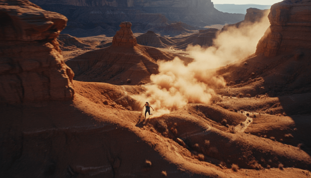 Visuales dinámicos de un video musical en progreso, mostrando luces de neón pulsantes, paisajes urbanos abstractos y movimientos de baile fluidos sincronizados con la pista 'Think About Us'.