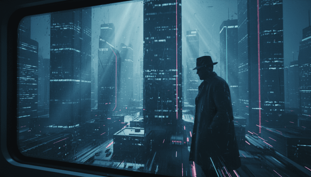 Une visualisation abstraite d'ondes sonores et de réseaux neuronaux interprétant les rythmes indie rock et les tons mélancoliques de 'Above The Station' de Just Jack.