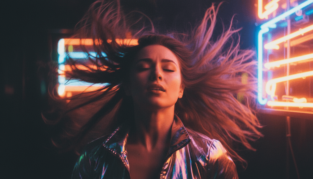 Traînées lumineuses pulsantes et motifs géométriques se synchronisant précisément avec la montée progressive et le drop de "Falling In Love - Extended Mix".