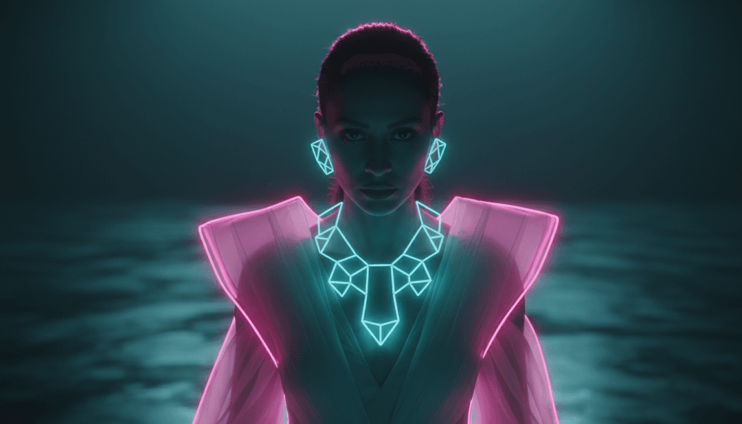 Bad Bunny와 Jhayco의 DÁKITI의 부드러운 야간 분위기와 라틴 트랩 리듬을 AI가 해석하여, 네온 반사가 있는 어둑한 도시 풍경을 보여줍니다.