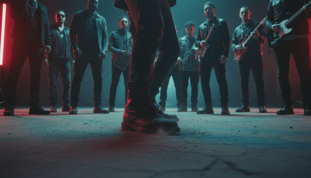 Secuencia visual dinámica sincronizada con el riff de guitarra de Kurt Cobain de 'Smells Like Teen Spirit', mostrando una exhibición caótica y enérgica.