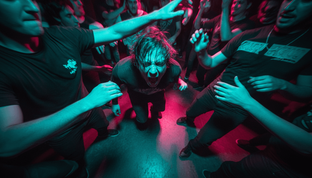 Un video musical generado por IA terminado para 'Smells Like Teen Spirit' reproduciéndose en una pantalla, mostrando escenas oscuras, melancólicas y enérgicas.