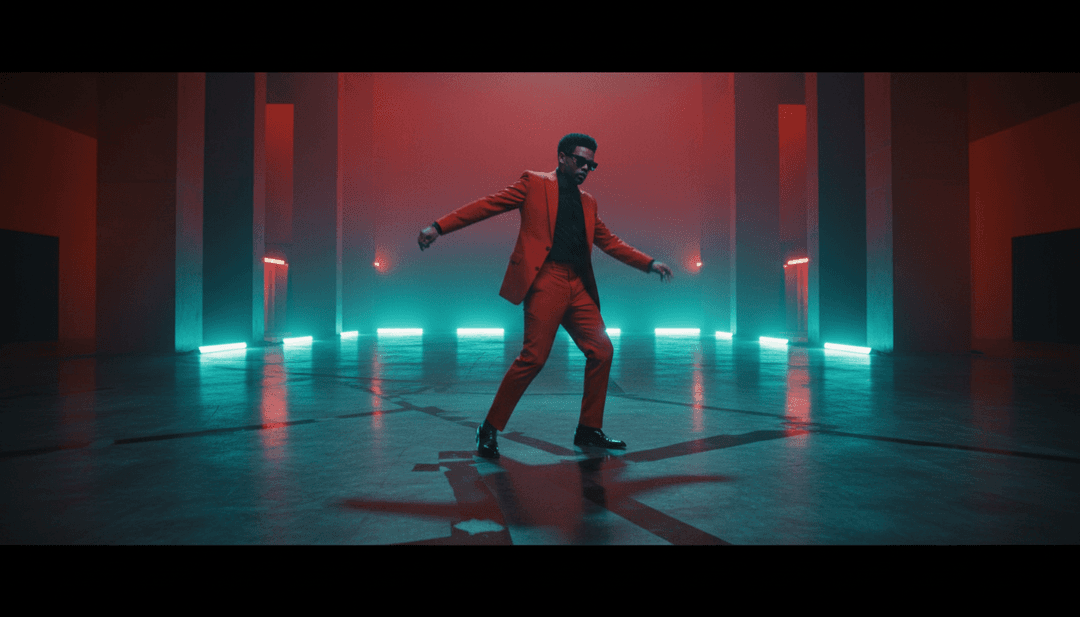 Una representación visual de las melodías de sintetizador de The Weeknd y Ariana Grande's Save Your Tears (Remix) transformándose en escenas urbanas y atmosféricas dinámicas en un video musical generado por IA.