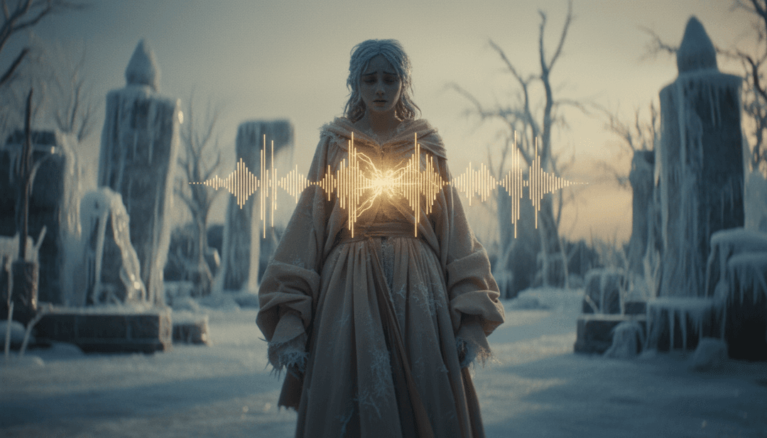 Ondas sonoras digitales abstractas formando una forma de corazón, representando el núcleo emocional del concepto de videoclip de 'STAY' generado por IA.