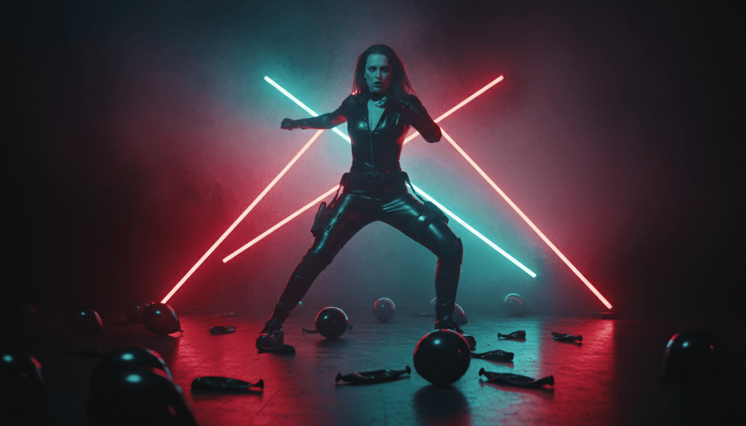 Cenas dinâmicas de videoclipe para Rampampam, apresentando padrões de luz abstratos e dançarinos num cenário futurista.