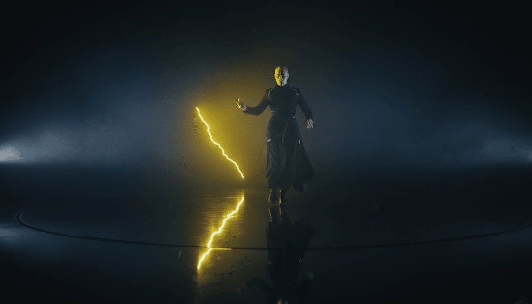 Representação abstrata de IA analisando ondas sonoras e notas musicais, traduzindo-as em conceitos visuais iniciais para um videoclipe dance-pop de alta energia para 'Dance Monkey'.