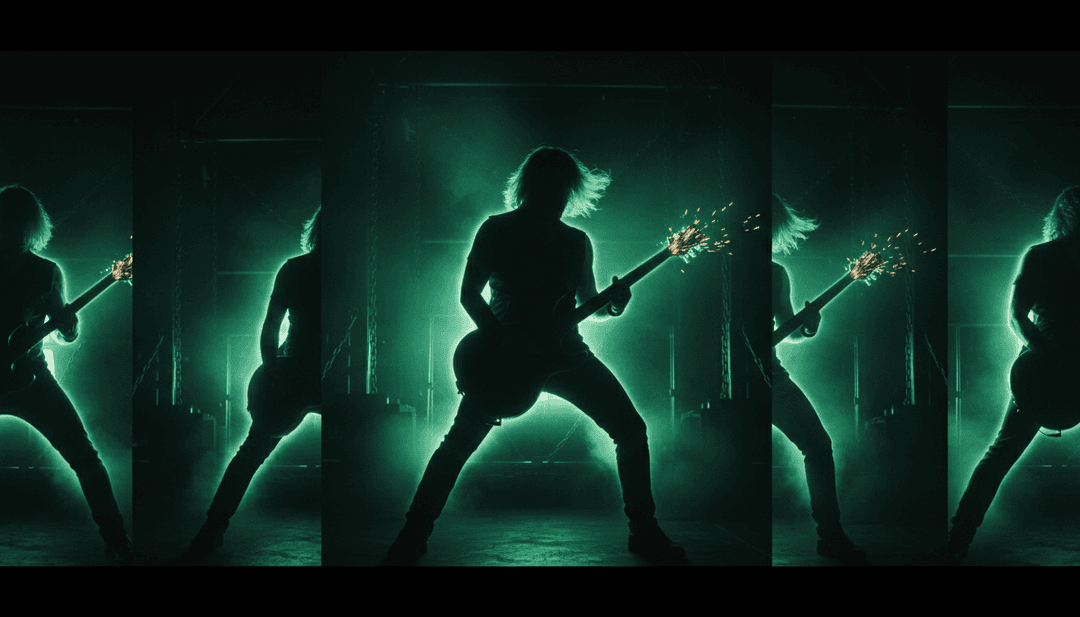 기타 솔로가 녹아내리는 용암과 불꽃의 폭포로 변하는 역동적인 시각 효과, freebeat.ai가 'Fire On The Hillside'를 위한 음악을 시각화하는 것을 보여줍니다.