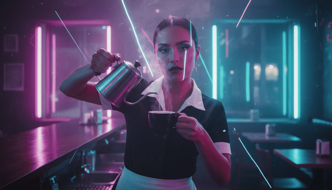 'HACE CALOR' 오디오 요소(보컬, 비트)가 해당되는 활기차고 동기화된 비디오 장면으로 변환되는 것을 보여주는 동적 시각화 도구.