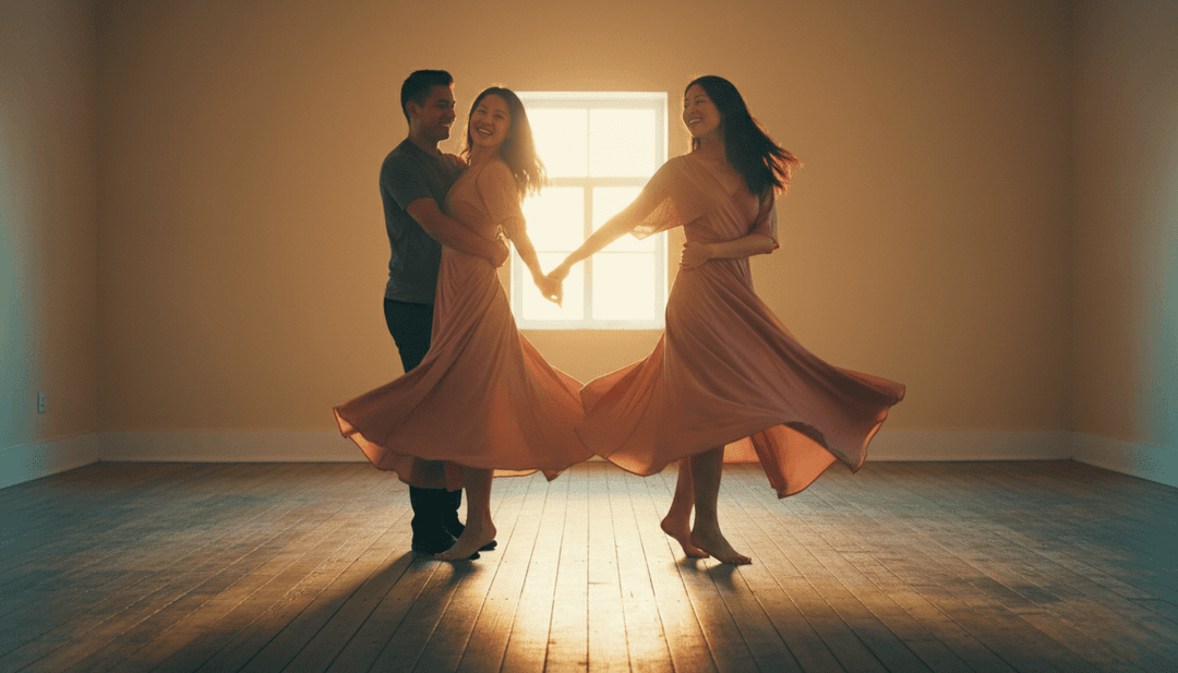 Visuels dynamiques générés par l'IA, mettant en vedette des mouvements de danse rétro, des lumières néon et des personnages animés, inspirés par 'Love Will Make You Do Strange Things' de Franc Moody.