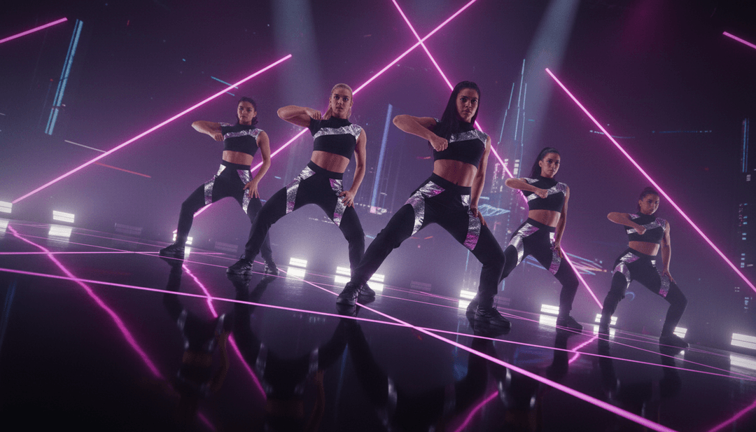 Visuels dynamiques générés par Freebeat.ai, représentant des paysages urbains élégants, des boules disco scintillantes et des figures confiantes dansant sur 'No Broke Boys'.