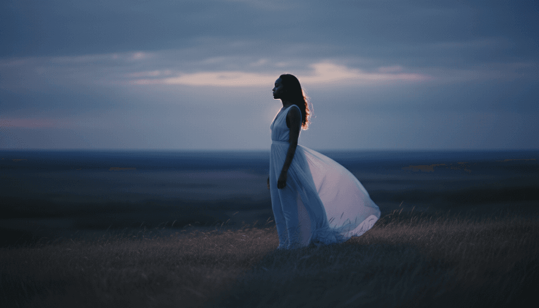 Abstrakte visuelle Darstellung elektronischer Tanzmusik, die sich in lebendige Lichtmuster übersetzt, synchronisiert mit Clementine Douglas' Gesang.