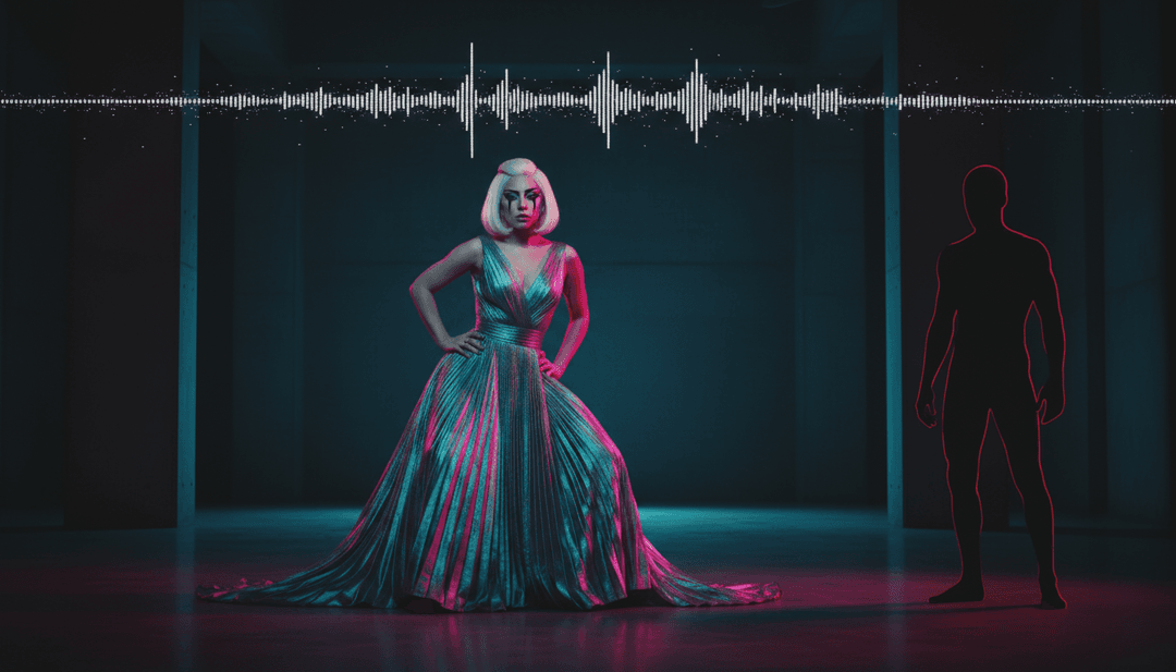 Abstrakte Darstellung von KI, die Lady Gagas Song 'Abracadabra' analysiert, mit schimmernden Schallwellen und mystischen Symbolen, die ein visuelles Konzept bilden.