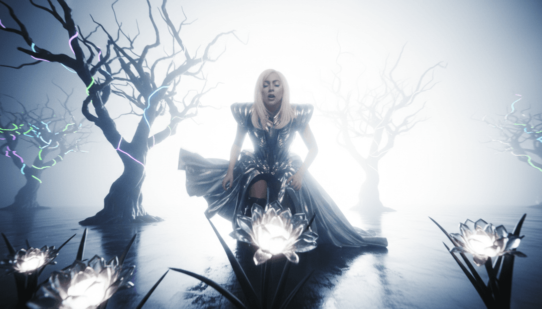 Lebendige, energiereiche Szene mit von Lady Gaga inspirierten Tänzern, die komplexe Choreografien inmitten dynamischer, leuchtender visueller Effekte aufführen und die Dance-Pop- und Trance-Elemente des Songs darstellen.