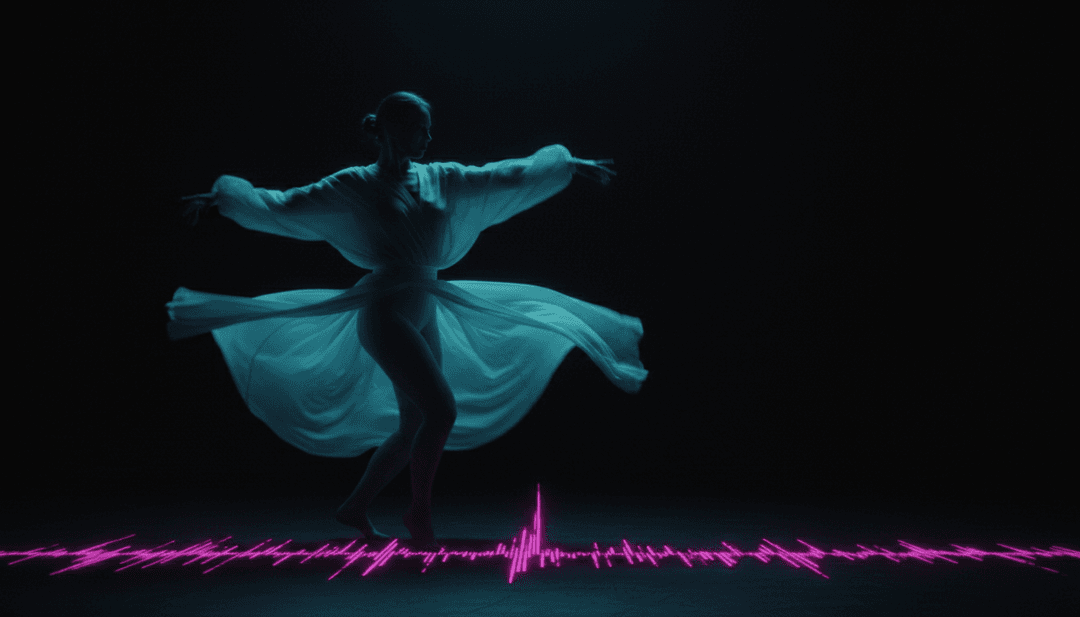 Abstrakte Neonlichter, die zu Dance-Pop-Musik pulsieren und die erste KI-Interpretation von 'Still Into You' von CYRIL, maryjo darstellen.