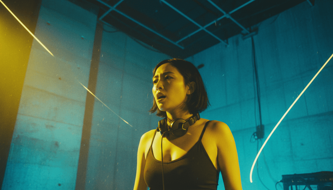 Peggy Gou의 'Nanana' 트랙을 시각화하기 위해 사운드 웨이브와 전자 리듬을 분석하고 활기찬 빛 패턴을 표시하는 AI.