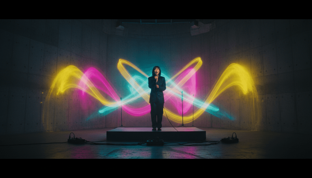 신디사이저 멜로디가 에너지가 넘치고 흐르는 댄스 장면으로 전환되는 추상적인 시각적 표현.