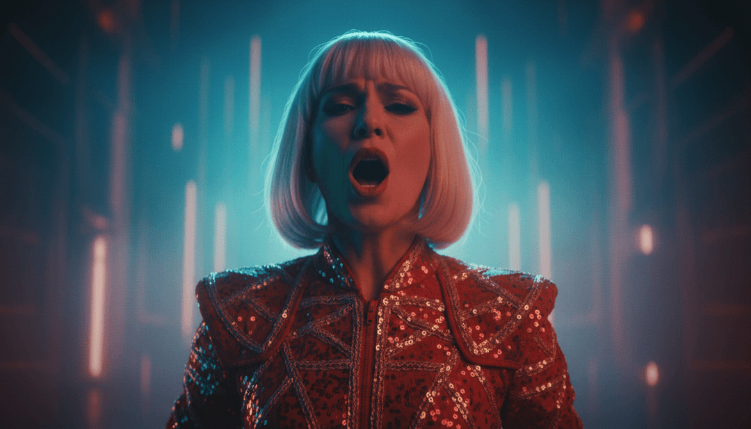 KI analysiert Wellenformen der 'Pedro'-Musik, visualisiert Tanzenergie und lebendige Farben.