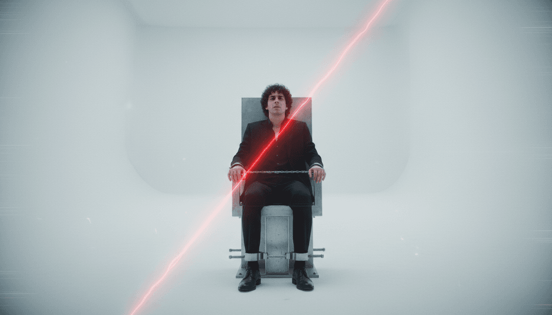 AI che analizza le onde sonore e una vivace folla di carnevale che balla musica hip-hop e trap, rappresentando la generazione del concetto iniziale da parte di un generatore di video musicali.