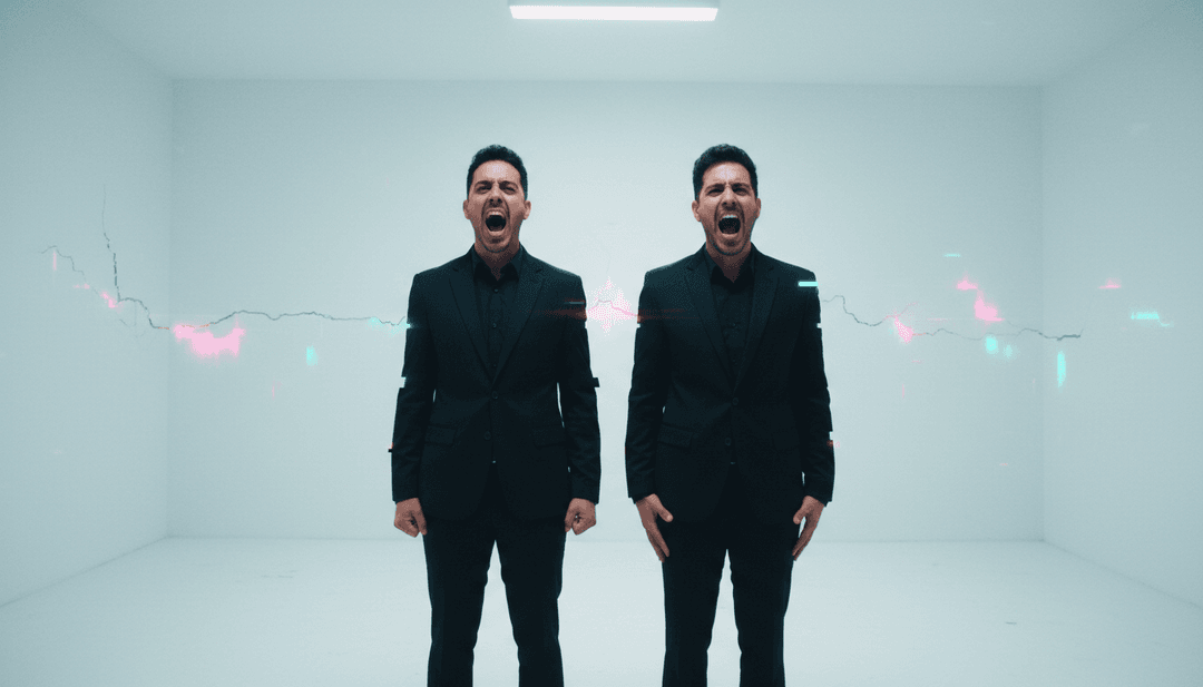 Una scena di video musicale vibrante e finita che viene riprodotta su un grande schermo, con un gruppo eterogeneo di persone che guardano, a significare il successo della creazione di video musicali AI.