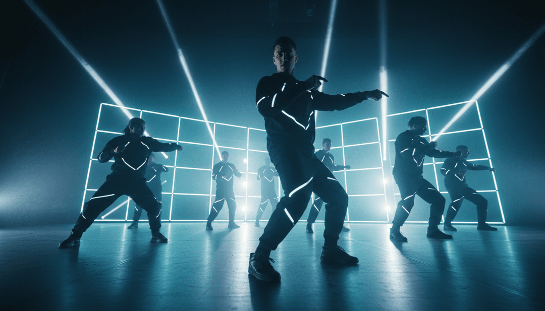 Padrões de luz dinâmicos e dançarinos digitais movendo-se em sincronia com o ritmo da música 'Can't Decide', ilustrando a sincronização audiovisual precisa da IA.