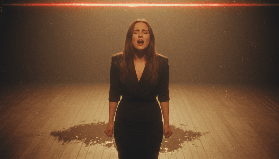 एक नर्तक के मुक्त होने के गतिशील, तेज़-तर्रार दृश्य, घूमती रोशनी और डिजिटल प्रभावों से घिरे हुए।