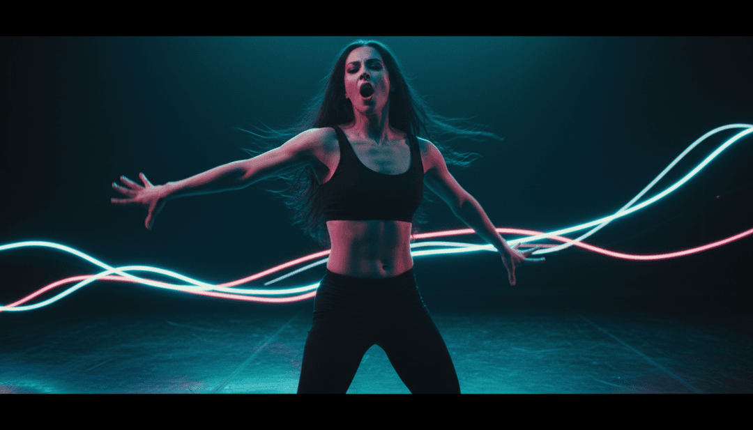 'Rock My Body' की लय के साथ सिंक्रनाइज़ किए गए गतिशील दृश्य, जिसमें जीवंत रंग और अमूर्त आकार हर बीट के साथ बदलते हुए दिखाए गए हैं, AI द्वारा बनाए गए हैं।