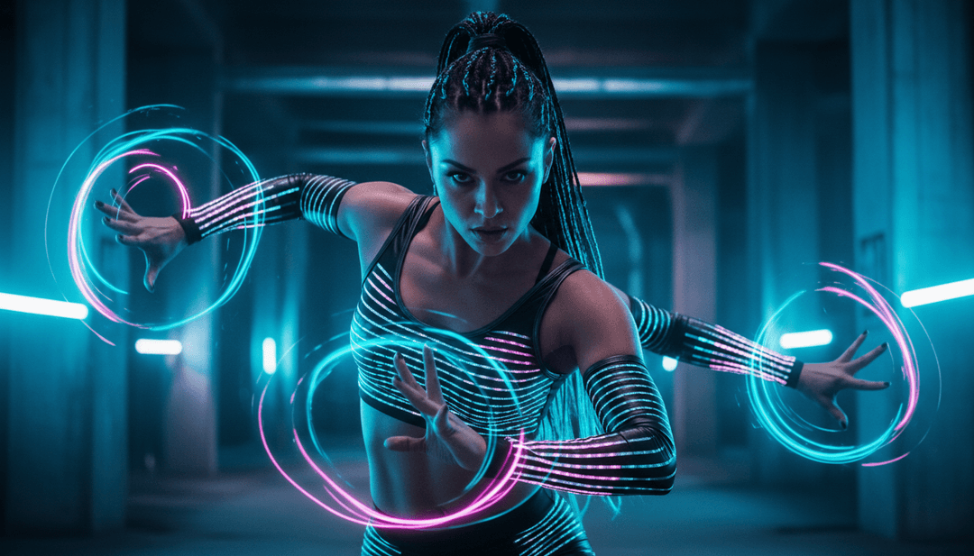 음악이 빠르고 다채로운 장면으로 번역되는 역동적인 디지털 시각화, 유로댄스 및 하우스 음악의 고에너지를 반영.