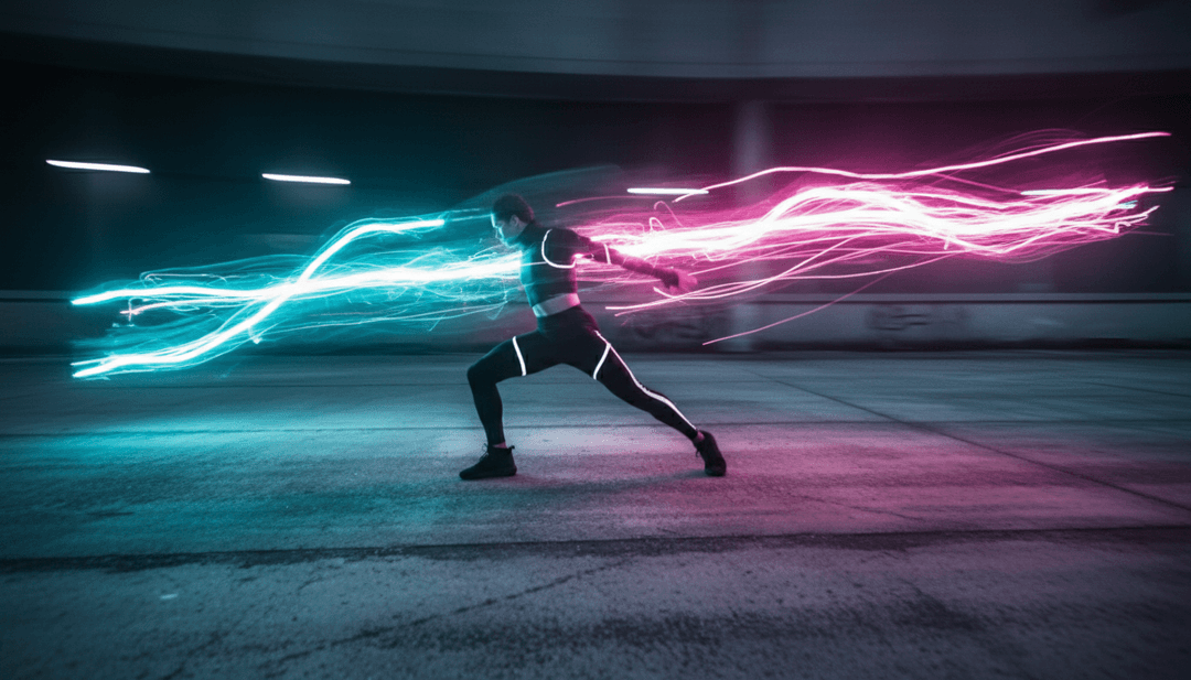 动态可视化效果,发光的线条和粒子对强劲的节拍做出反应,象征着高能量的音乐视频。