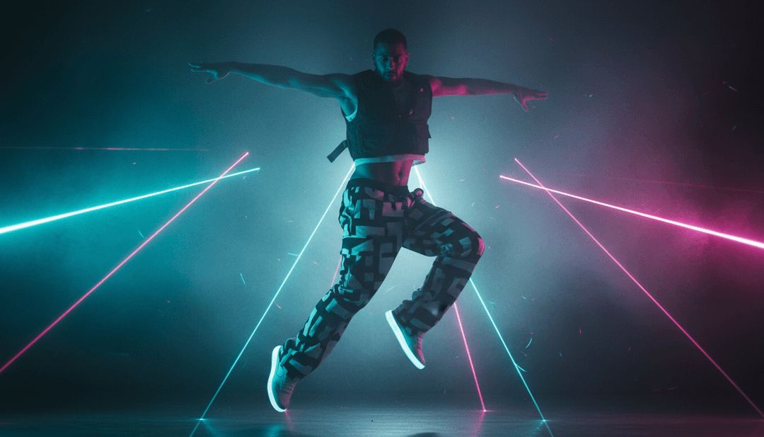 Concept visuel généré par l'IA pour 'Devotion' de Lance Savali, montrant des motifs lumineux abstraits et des scènes de danse urbaine, représentant le genre electro house.