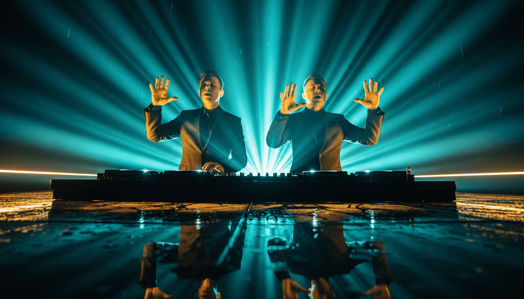 Rhyme Dust के तत्वों का गतिशील दृश्य प्रतिनिधित्व: धड़कते ज्यामितीय आकार, तरल गति, और संगीत के साथ सिंक्रनाइज़ चमकदार प्रकाश निशान।