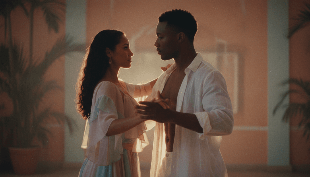 AI 為「Born To Love Ya」生成的動態場景,展示各種舞步、充滿活力的熱帶背景和同步文字。